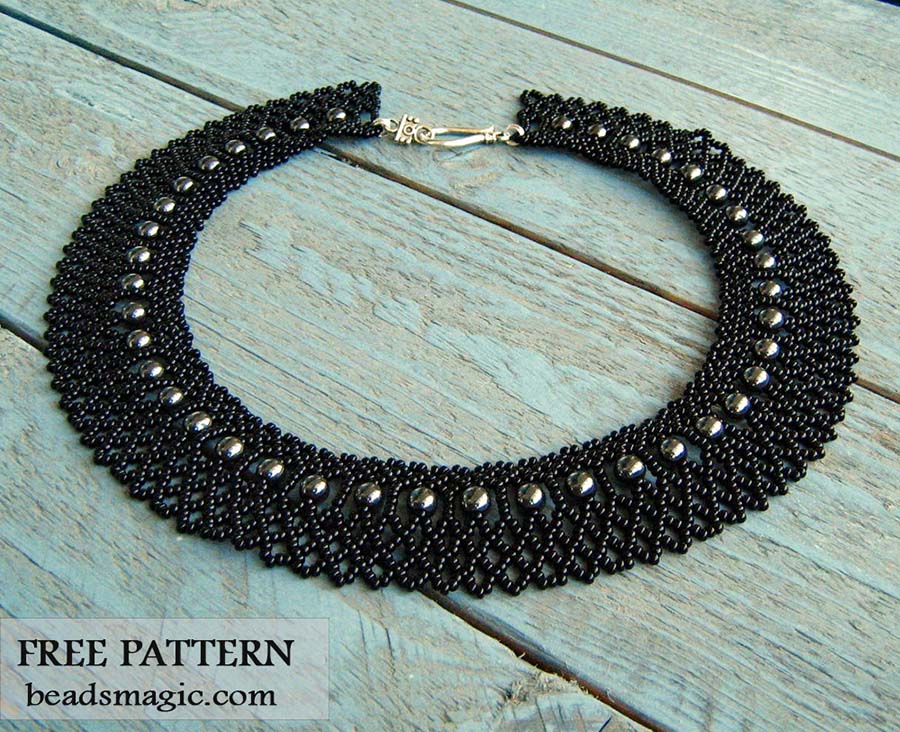 Free pattern for necklace Opium, bead tutorial, necklace pattern, step by step instruction, black necklace, diy jewelry, pdf tutorial, pearl necklace tutorial