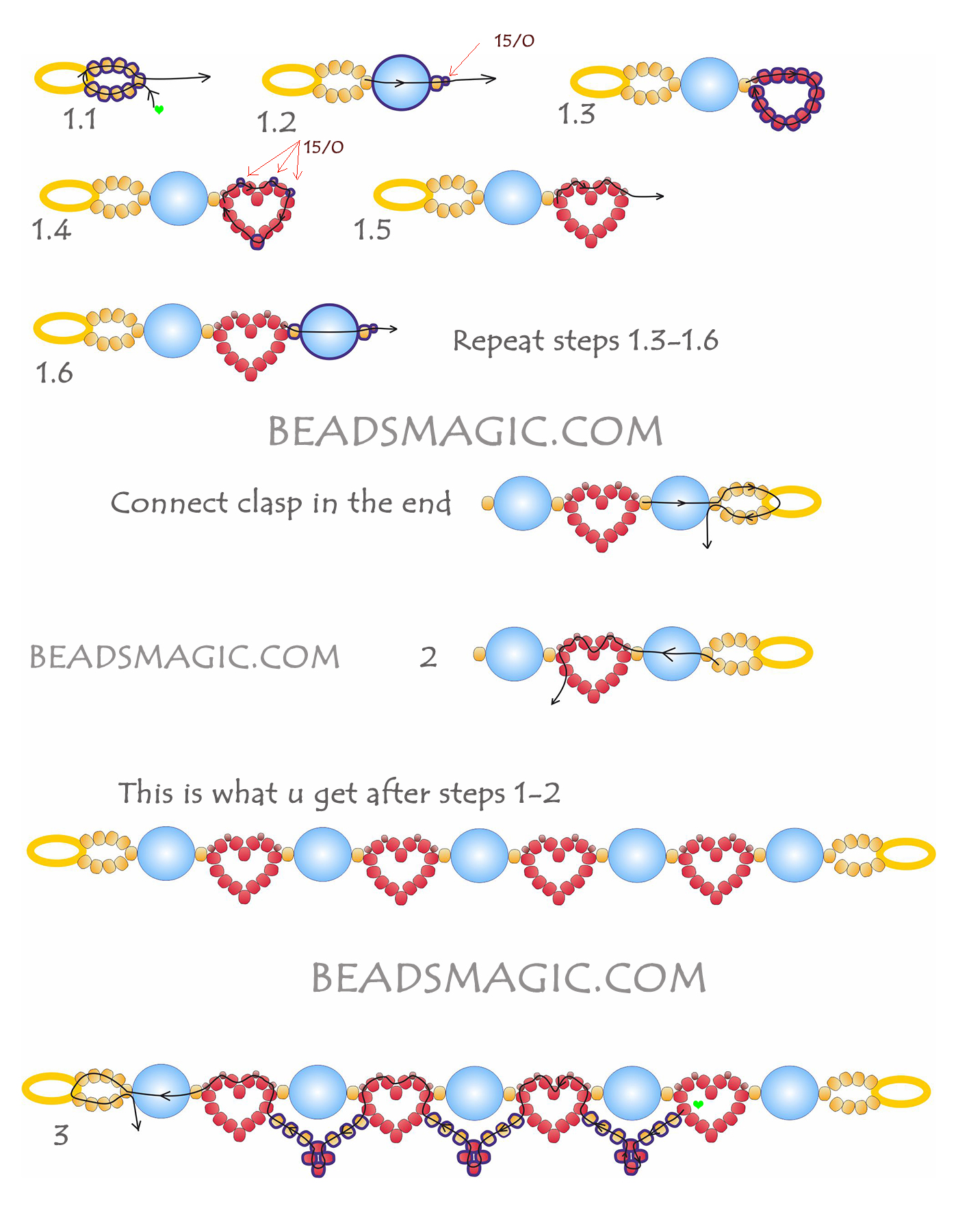 Free pattern for bracelet Red Hearts Beads Magic