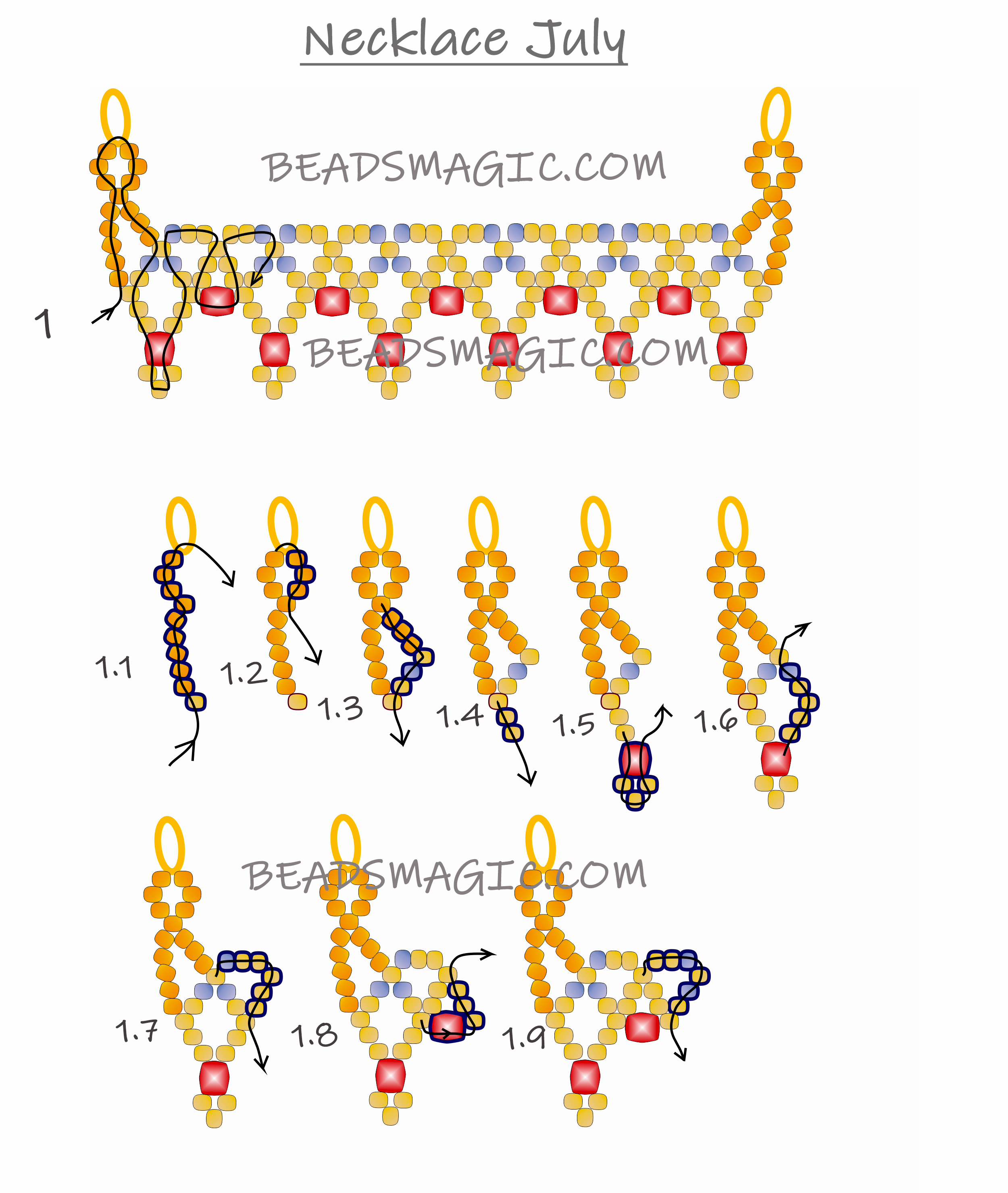 free beading tutorial, fire polished beads, step by step instruction, summer necklace