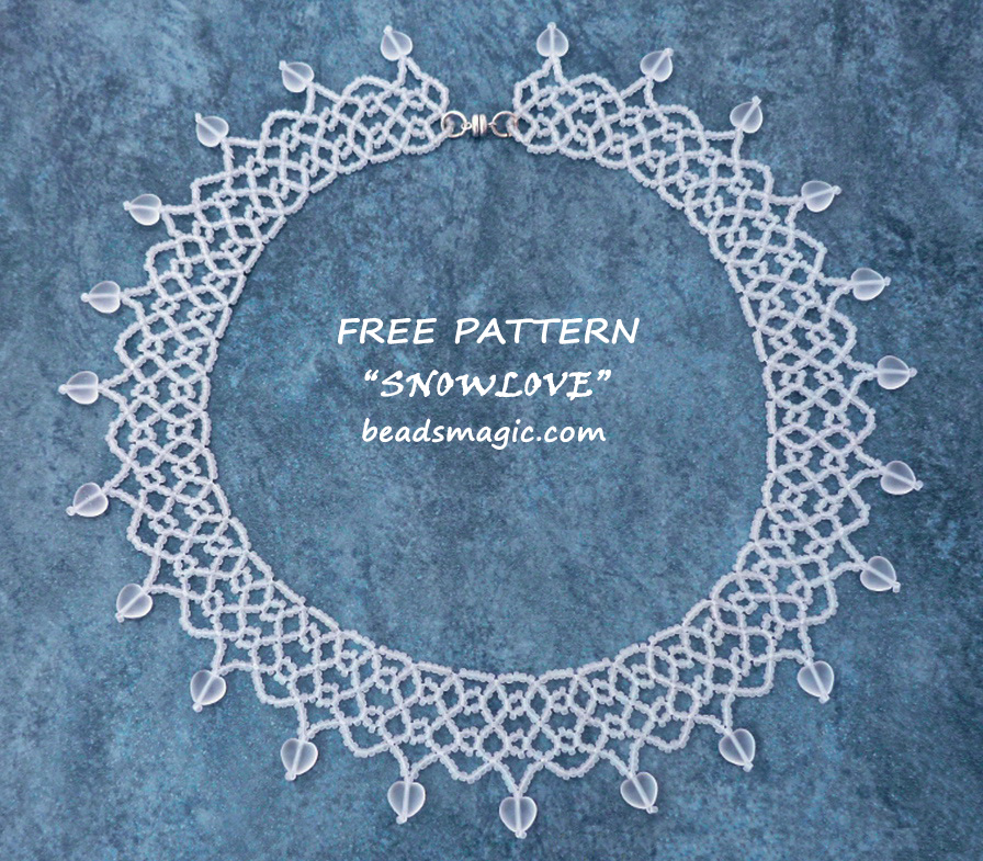 free pattern for beaded necklace Snowlove, free beading pattern, bead tutorial, beading school, step by step instruction, bead pattern pdf