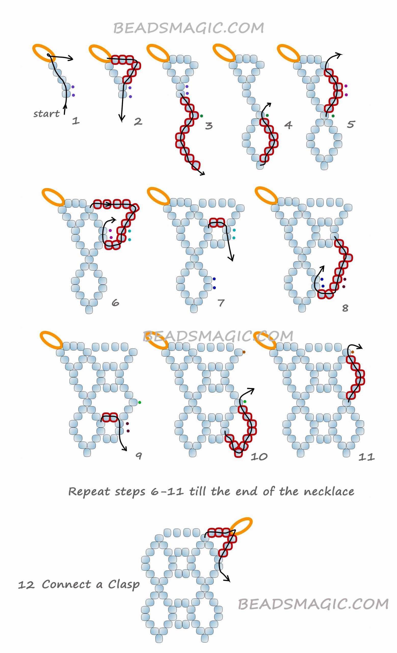 free pattern for beaded necklace Snowlove, free beading pattern, bead tutorial, beading school, step by step instruction, bead pattern pdf, bead beginners