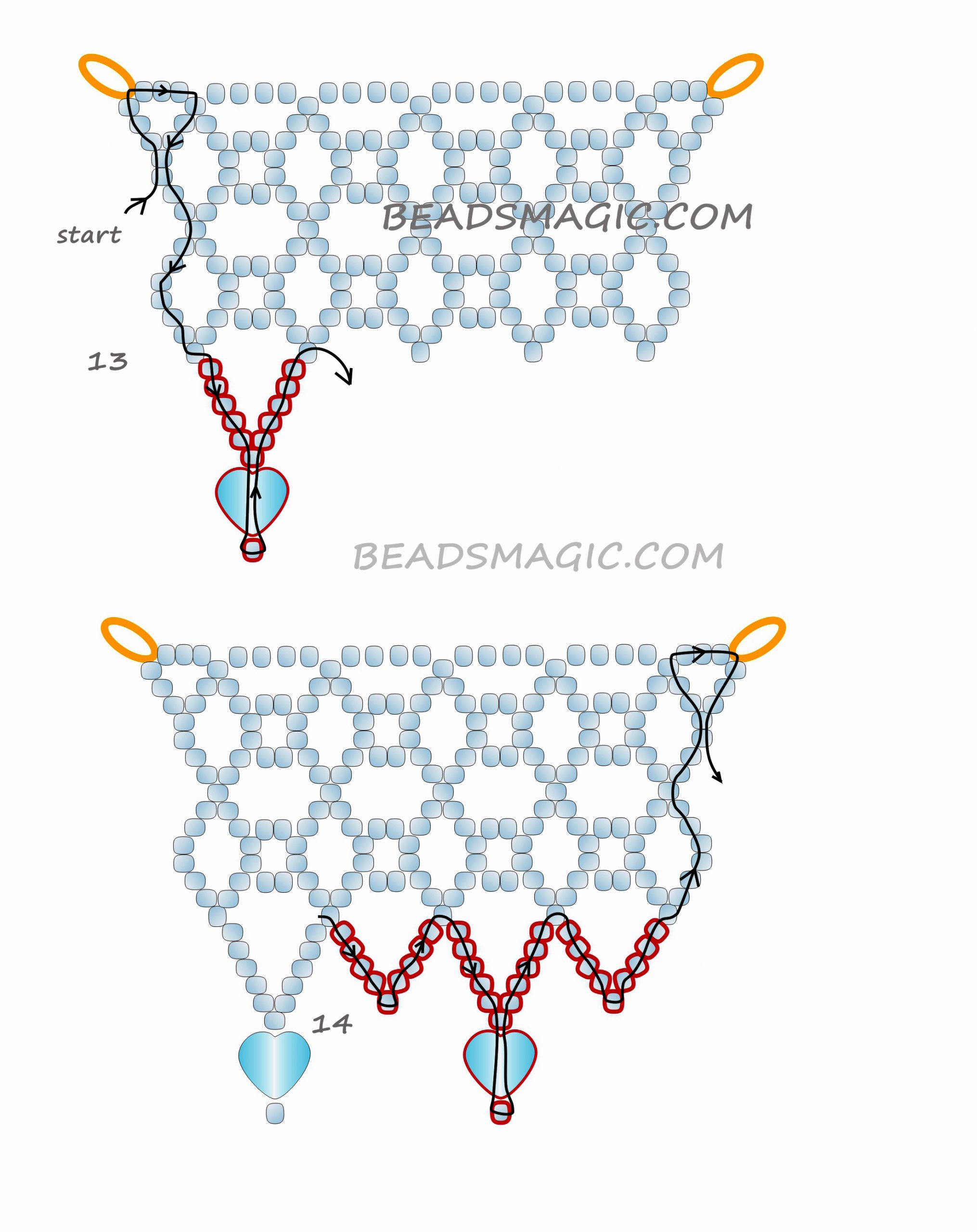 free pattern for beaded necklace Snowlove, free beading pattern, bead tutorial, beading school, step by step instruction, bead pattern pdf