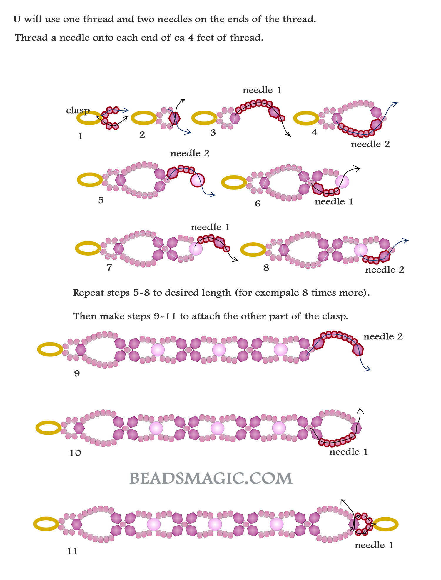 Free beading pattern for bracelet with bicones and pearls