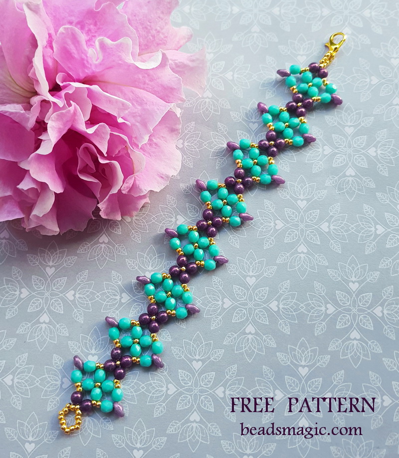 DIY jewelry, free beading tutorial, beaded bracelet, free pattern for beaded bracelet, superduo beads, fire polished beads, seed beads, step-by-step bead instructions, experienced beader, free beading pattern, beaded bracelet project, beading pattern, bead instructions