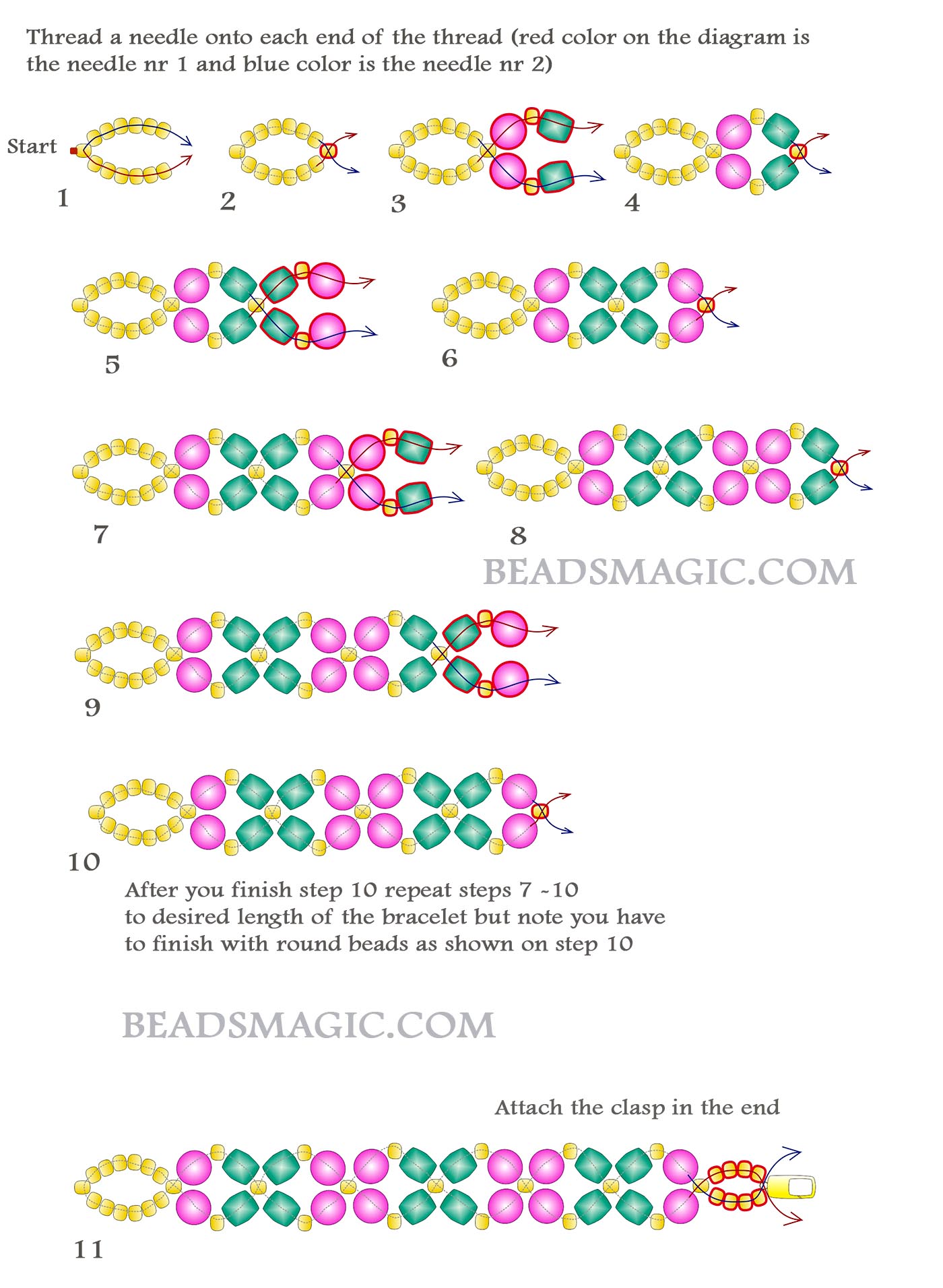 DIY jewelry, free beading tutorial, beaded bracelet, free pattern for beaded bracelet, superduo beads, fire polished beads, seed beads, step-by-step bead instructions, experienced beader, free beading pattern, beaded bracelet project, beading pattern, bead instructions