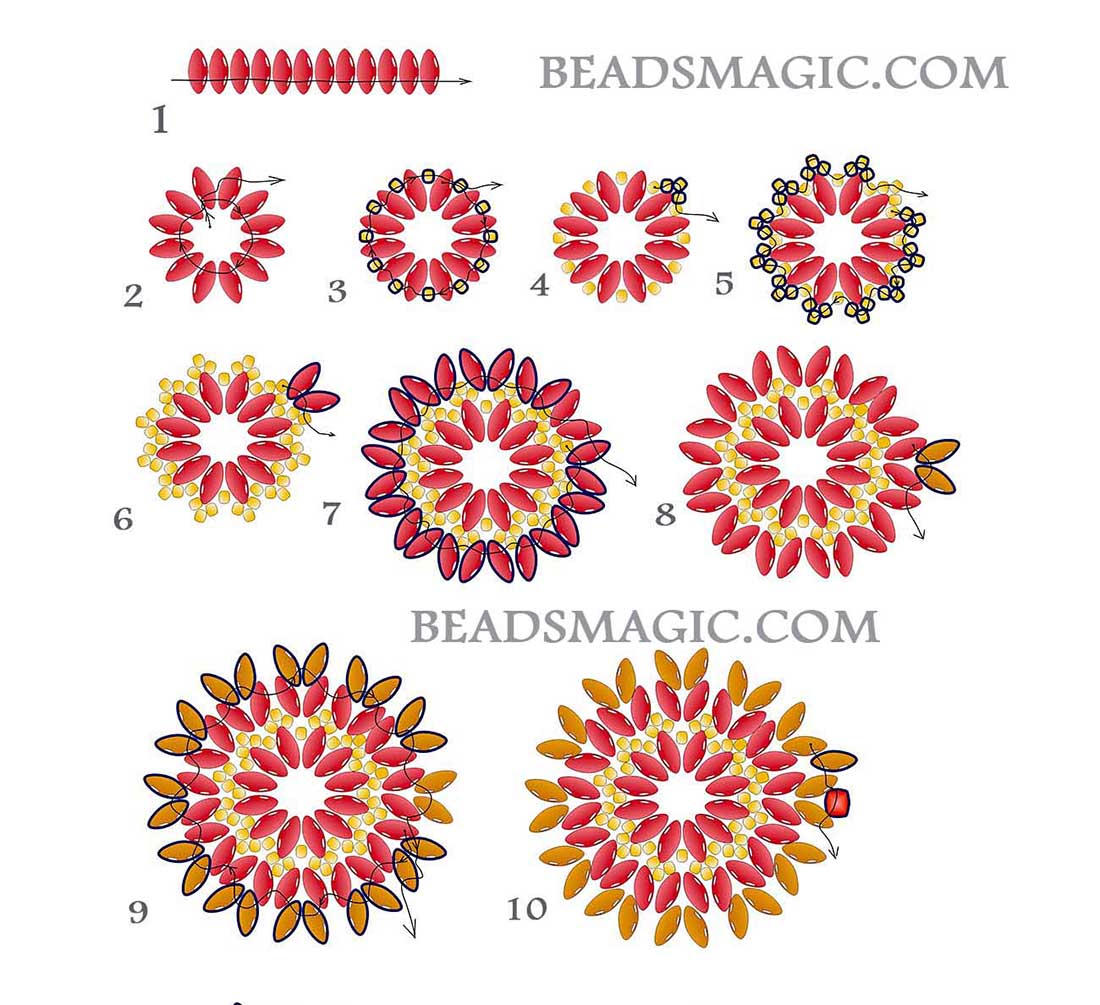 free beading pattern for pendant Sol, superduo tutorial, superduo pattern, seed beads, beading tutorial, bead pattern, fire polished beads, beaded pendant, seed beads