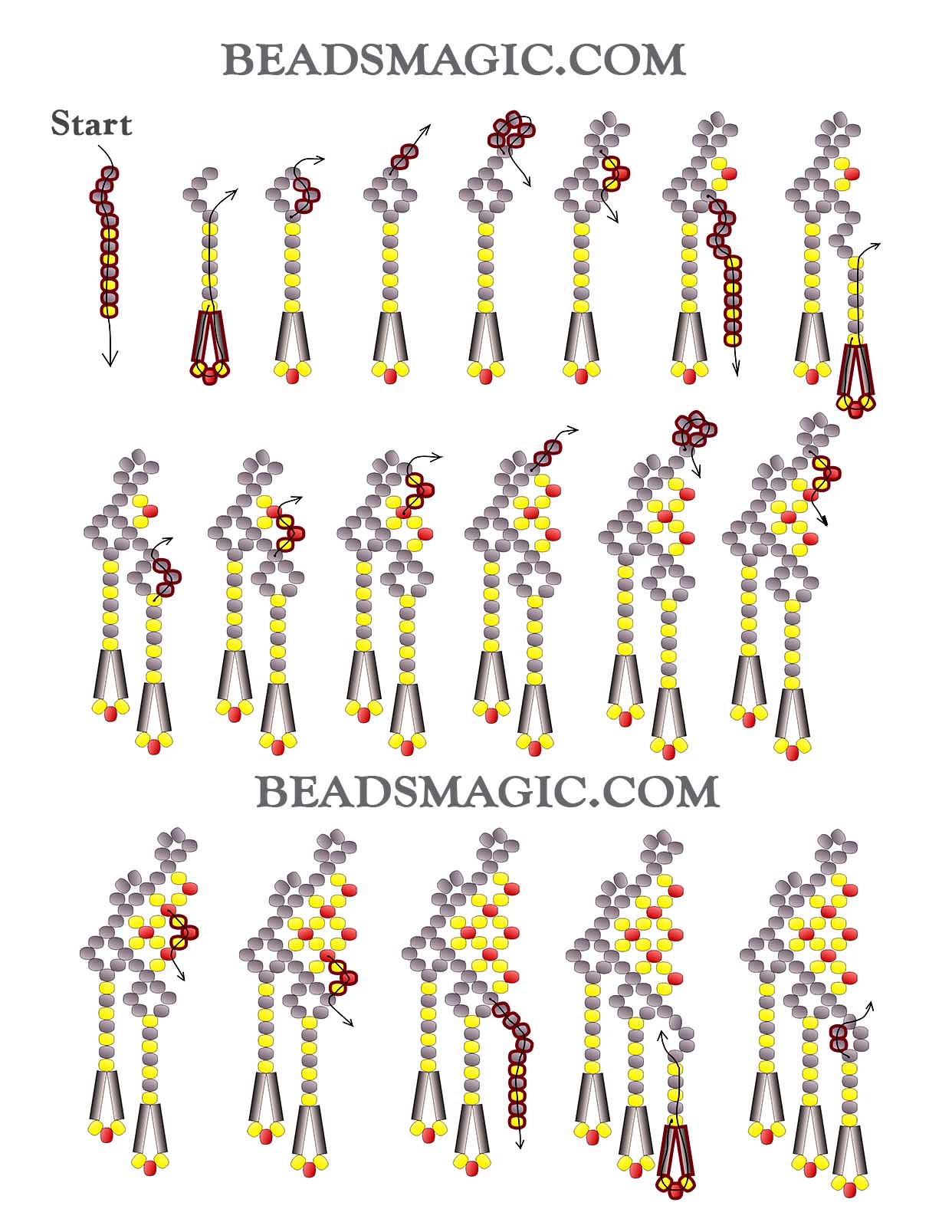 free tutorial, earrings, Esmeralda, statement earrings, basic netting stitch, seed beads, netting, toho, miyuki, beaded earrings, step by step insturction, bead beginners, free beading tutorial, bead pattern
