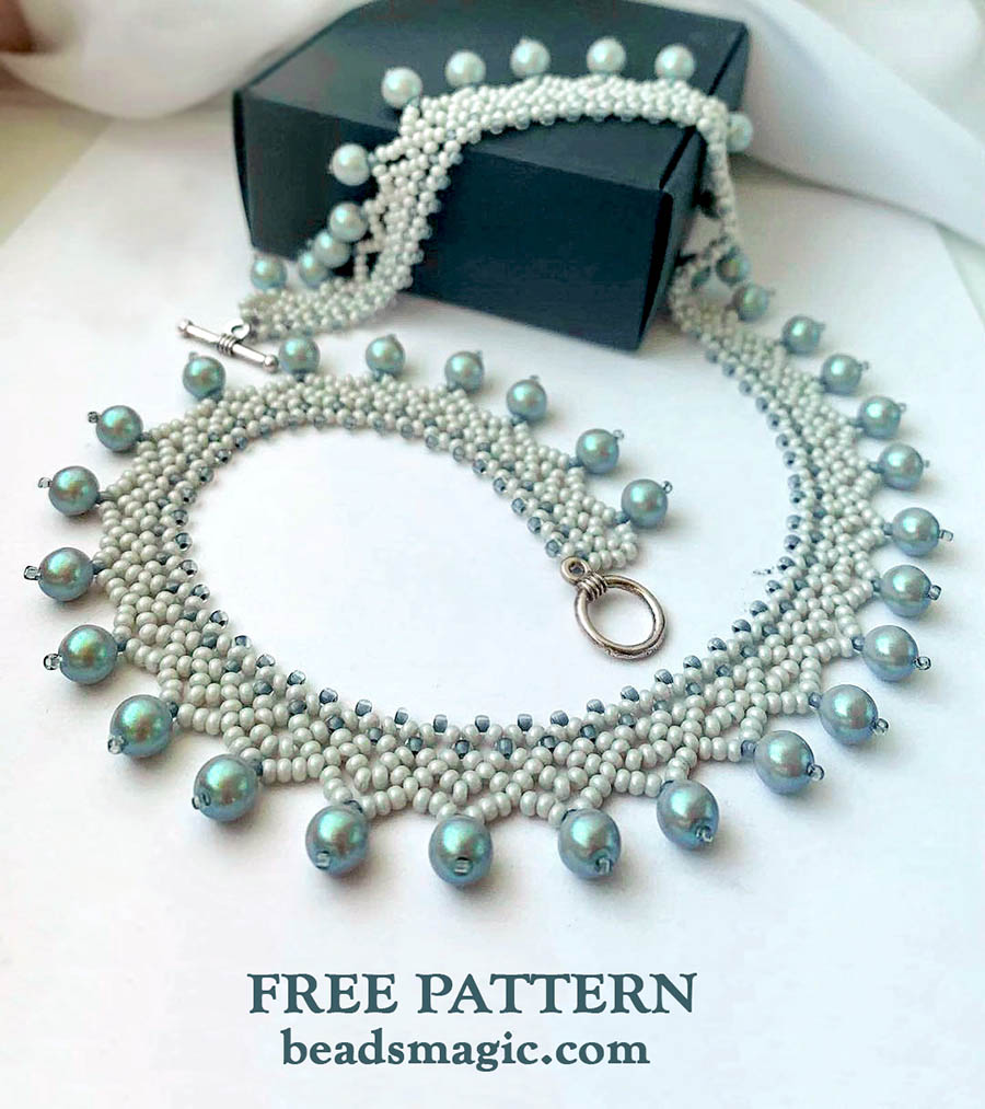 Free beading pattern for necklace, Pearlescent Blue, preciosa maximum pearls, preciosa seed beads, toho, miyuki, pressed round beads, beaded necklace, basic netting stitch, bead beginner, step-by-step beading instructions, seed beads necklace