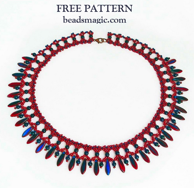 free tutorial for necklace Nina, dagger beads, beaded necklace, basic netting stitch, netting stitch, netting, seed beads, natural stone 