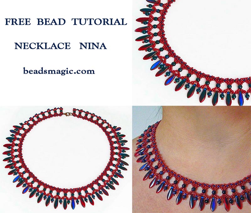 free tutorial for necklace Nina, dagger beads, beaded necklace, basic netting stitch, netting stitch, netting, seed beads, natural stone 