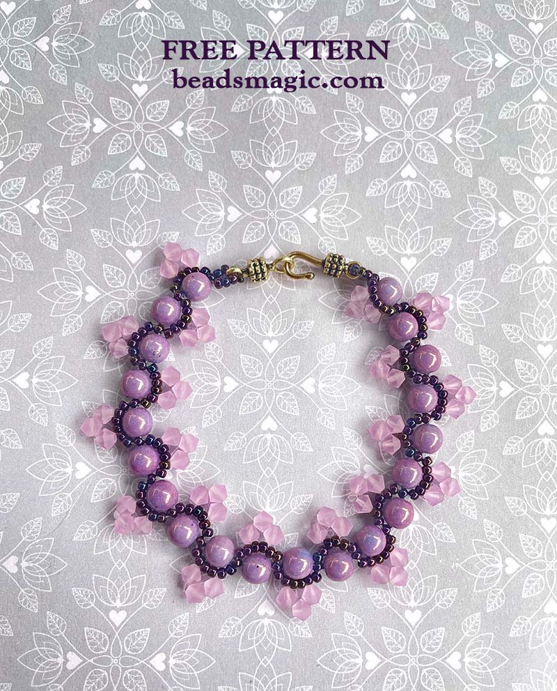 free bead tutorial for bracelet Taffy, bead pattern, free beading tutorial, seed beads pattern, beadweaving, bicone tutorial, toho beads, rutkovsky, pink bracelet