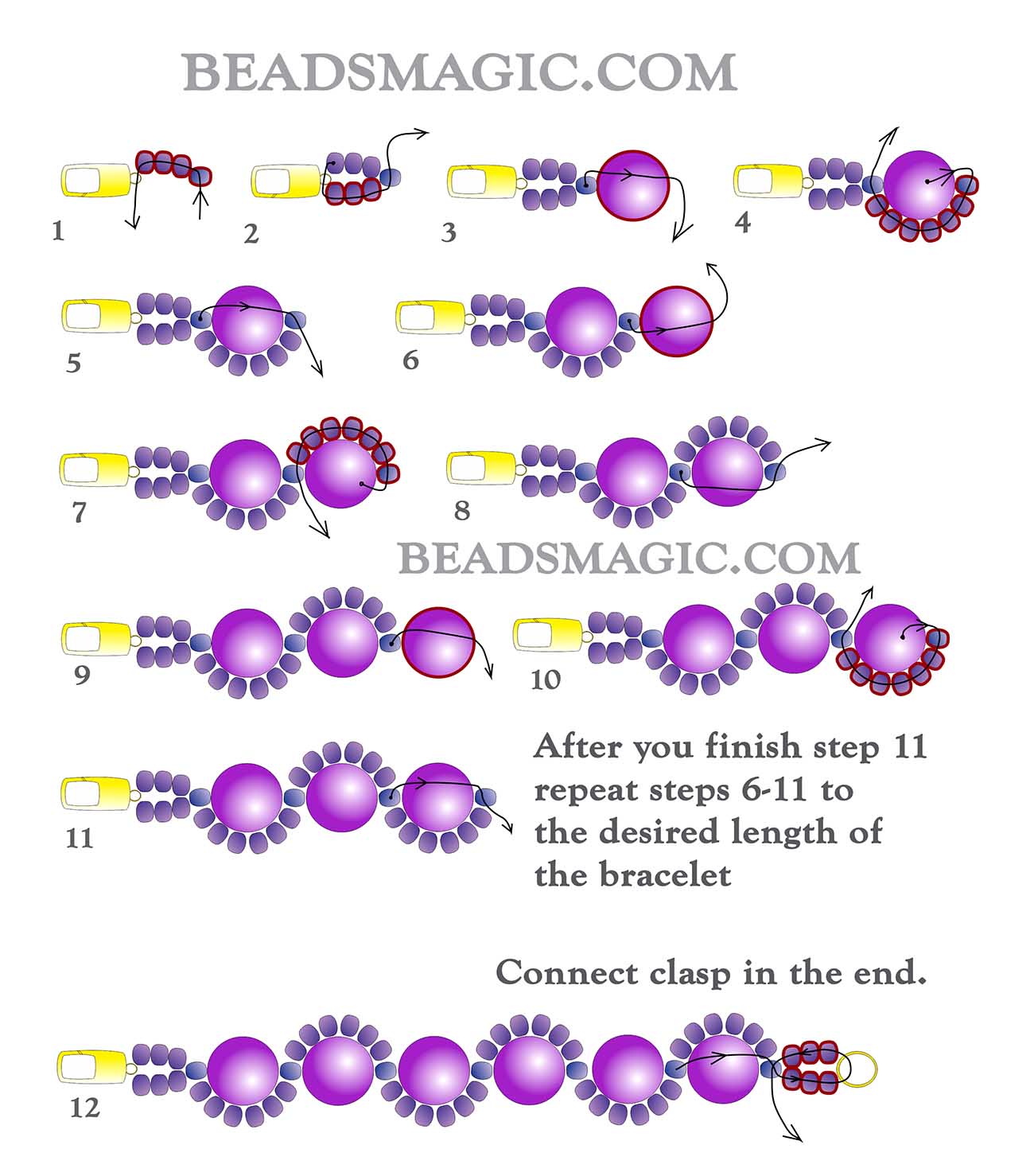 free bead tutorial for bracelet Taffy, bead pattern, free beading tutorial, seed beads pattern, beadweaving, bicones, toho beads, rutkovsky, pink bracelet, free beading tutorial, bead diagram