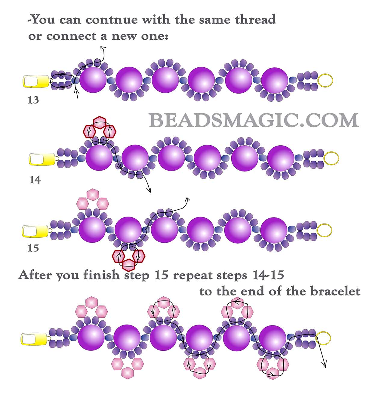 free bead tutorial for bracelet Taffy, bead pattern, free beading tutorial, seed beads pattern, beadweaving, bicones, toho beads, rutkovsky, pink bracelet, free beading tutorial
