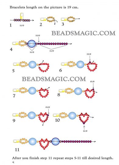 Free pattern + Video for bracelet Red Hearts | Beads Magic