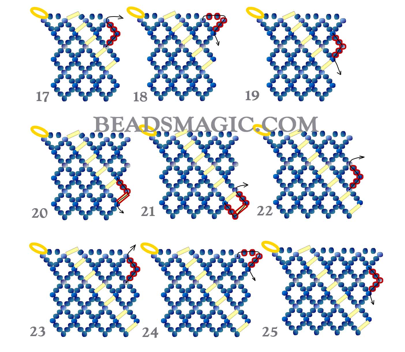 Free pattern, beaded necklace, bead patterns, seed beads necklace, seed beads, bugle beads, basic netting stitch, Bead netting, bead beginner, free step-by-step beading instruction, beading school
