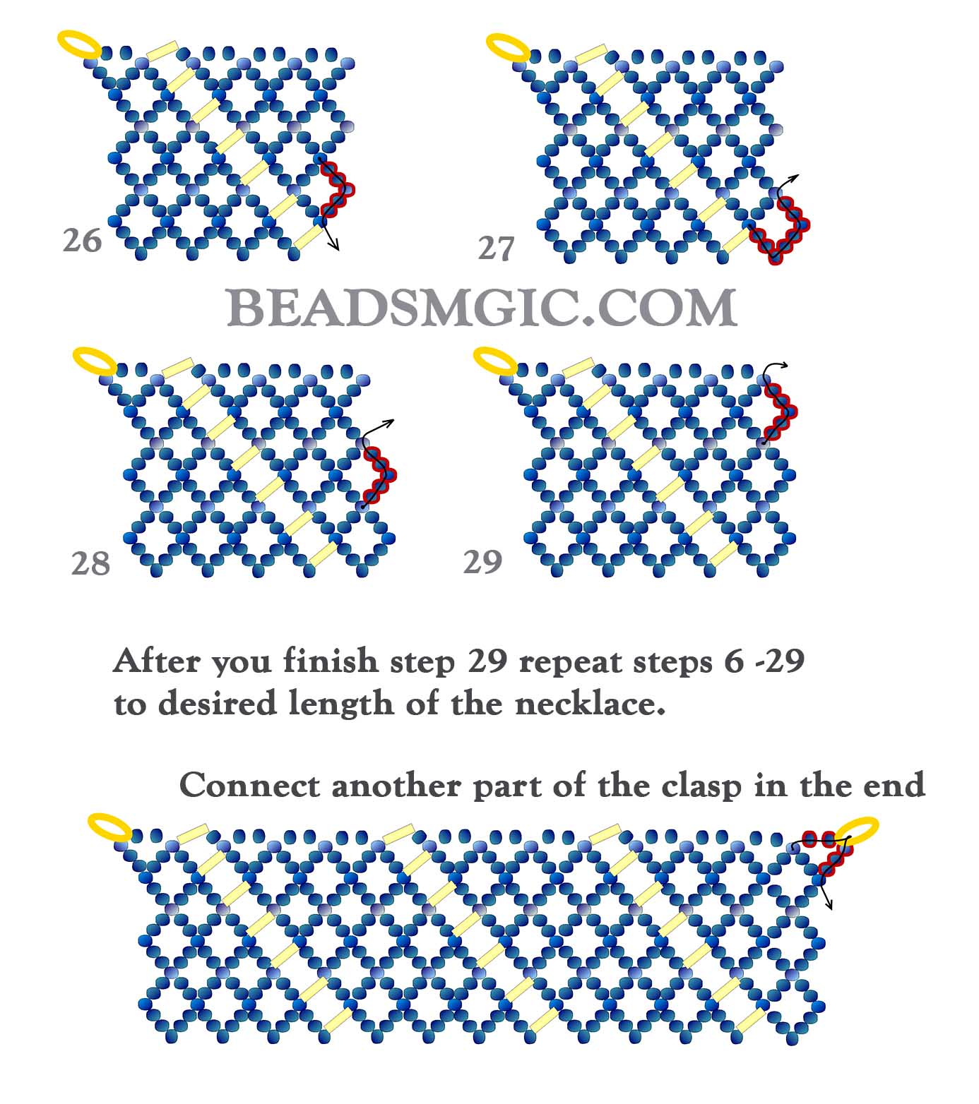 Free pattern, beaded necklace, bead patterns, seed beads necklace, seed beads, bugle beads, basic netting stitch, free step-by-step beading instruction, beading instructions 