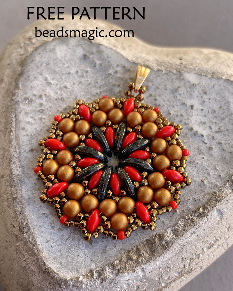 free bead pattern, DIY pendant, experienced beader, beading tutorial, step-by-step instructions, beaded pendant, Superduos, Crescents, pendant tutorial, Diy jewelry