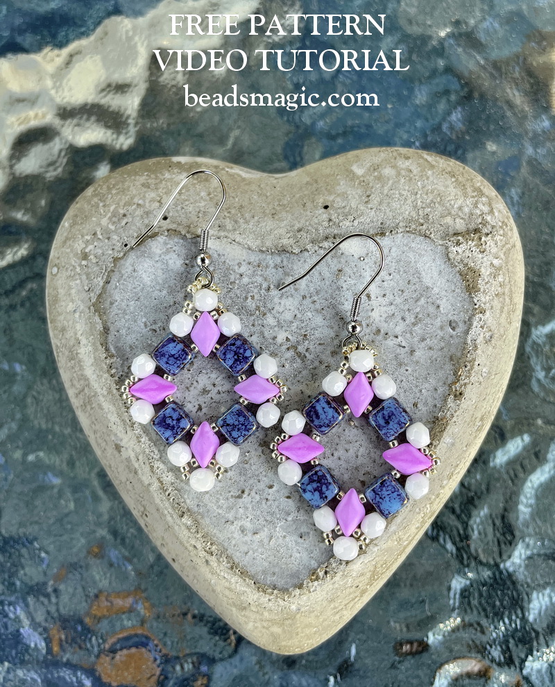 bead beginner, jewelry making, beaded earrings, Beadwork, beadweaving, Gemduo, fire polished bead, seed beads, earrings tutorial, step by step instructions, bead pattern, DIY earrings, DIY jewelry making 