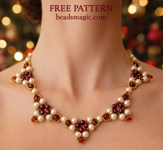 Free beading pattern for necklace, mochaccino, finished necklace, seed beads , preciosa pearls, winter impression, festive necklace, seed beads, toho, miyuki, pressed round beads, beaded necklace, basic netting stitch, Bead netting, bead beginner, step-by-step beading instructions, seed beads necklace, christmas necklace, diy christmas, diy christmas gift
