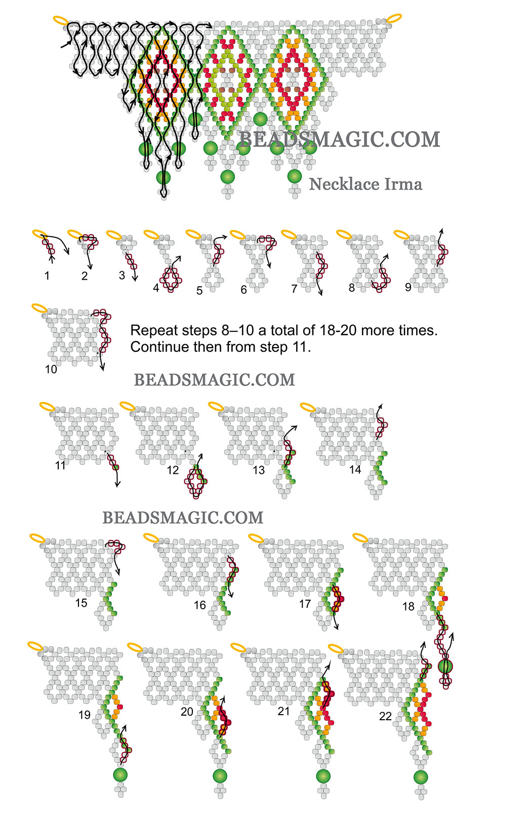 Free beading pattern for necklace, seed beads, round beads, bugles, beaded necklace, basic netting stitch, Bead netting, bead beginner, step-by-step beading instructions, seed beads necklace, beading tutorial, diy jewelry, bead pattern, seed beads necklace pattern, diy necklace, diy beads